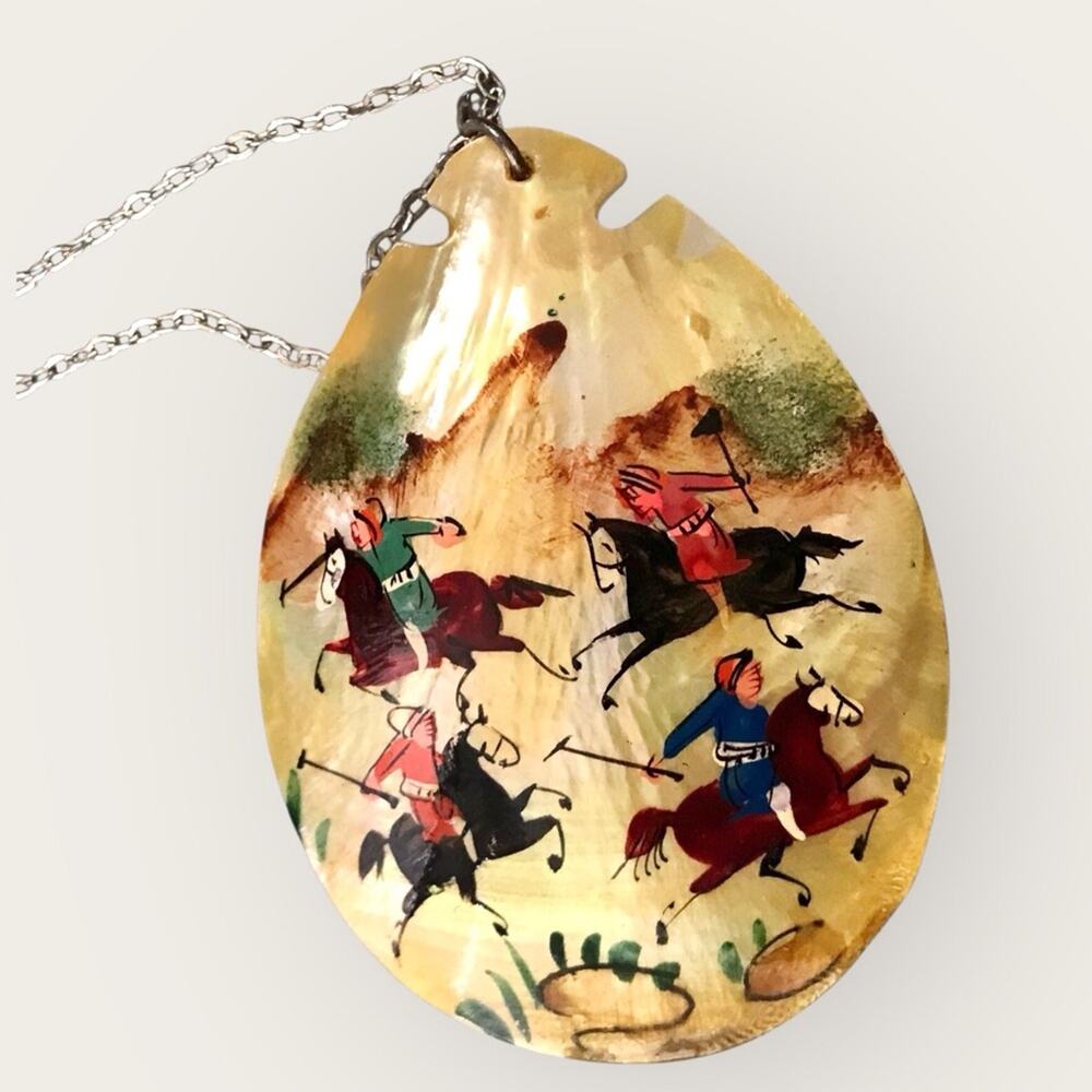 Vintage Hand-Painted Horsemen Pendant Necklace Mother of Pearl Polo